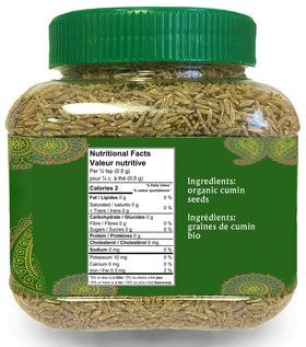 Close-up of Jiva Organics whole cumin seeds showing texture and aroma.