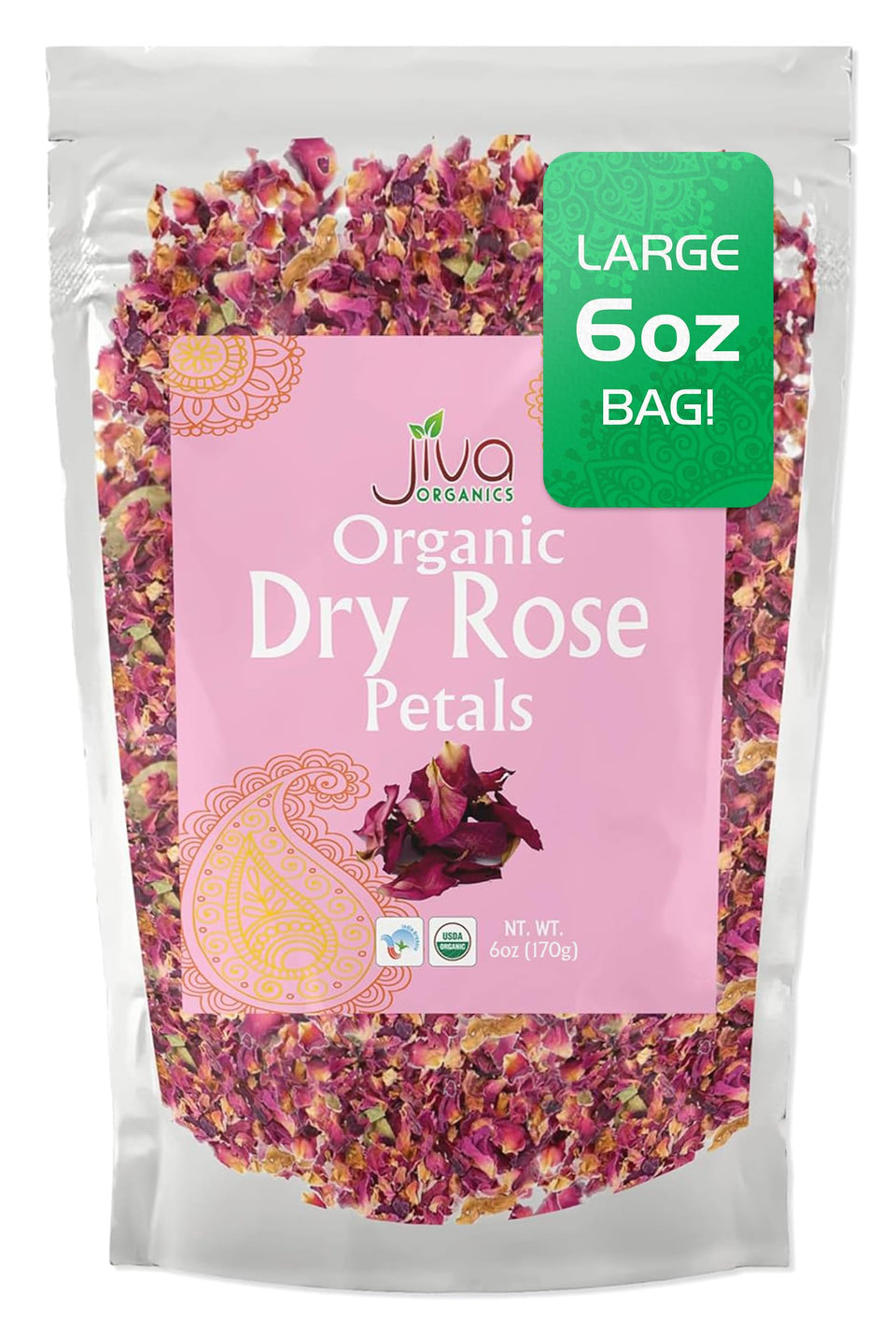 Jiva Organics dried red rose petals in a large bag for tea and baking