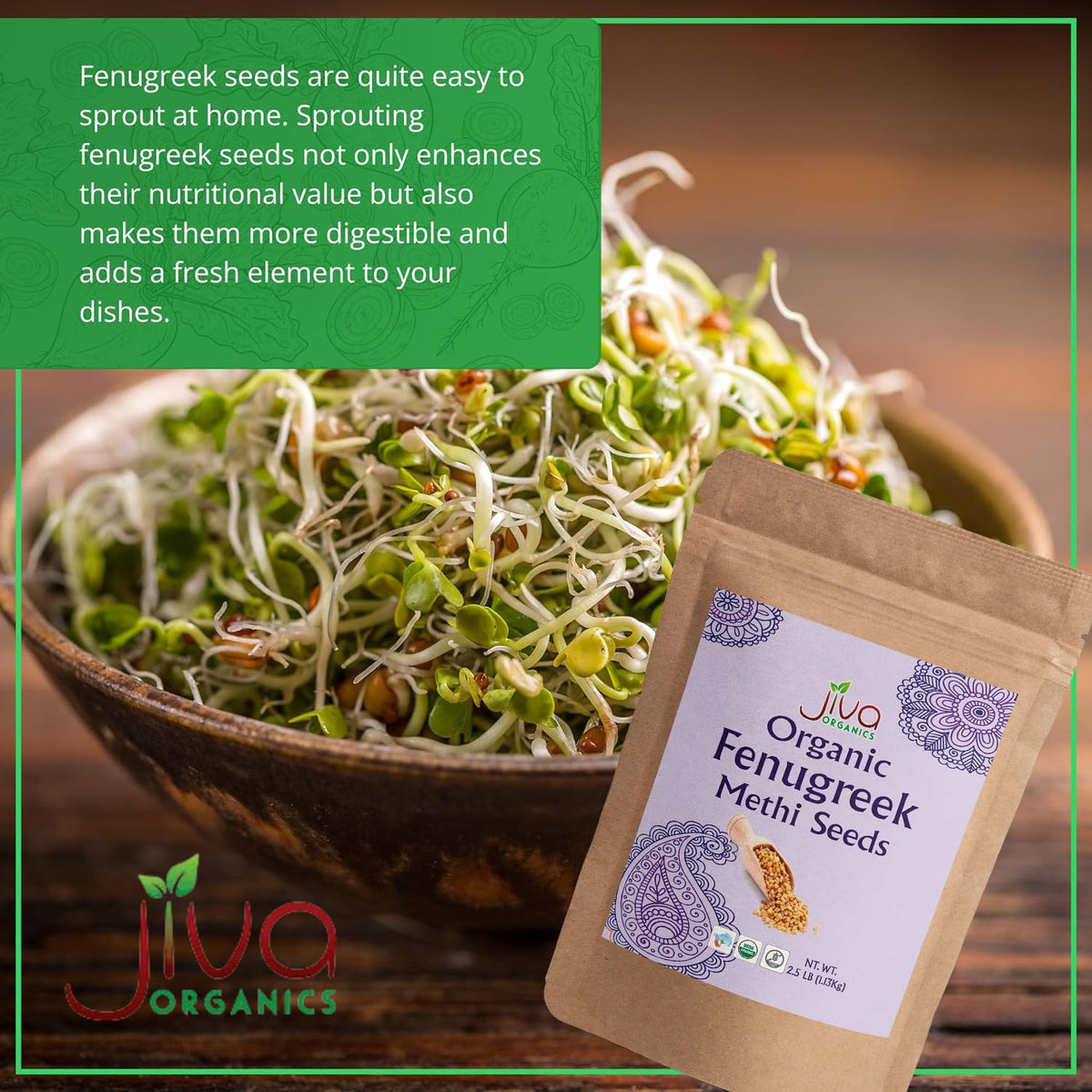 Jiva Organics fenugreek seeds in a dish with warm flavors.