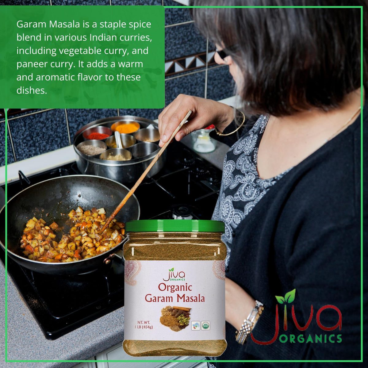 Jiva Organics Garam Masala 1lb jar packaging for bulk cooking.