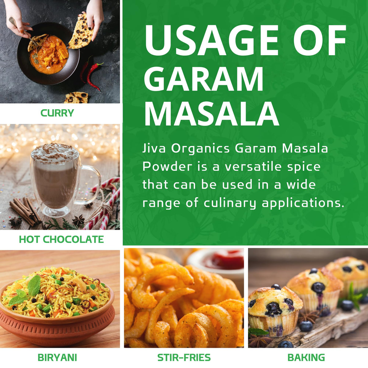 Jiva Organics Garam Masala ground-spice arrangement showcases mace and nutmeg for aroma.