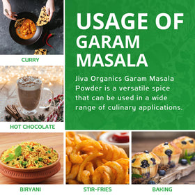 Jiva Organics Garam Masala ground-spice arrangement showcases mace and nutmeg for aroma.