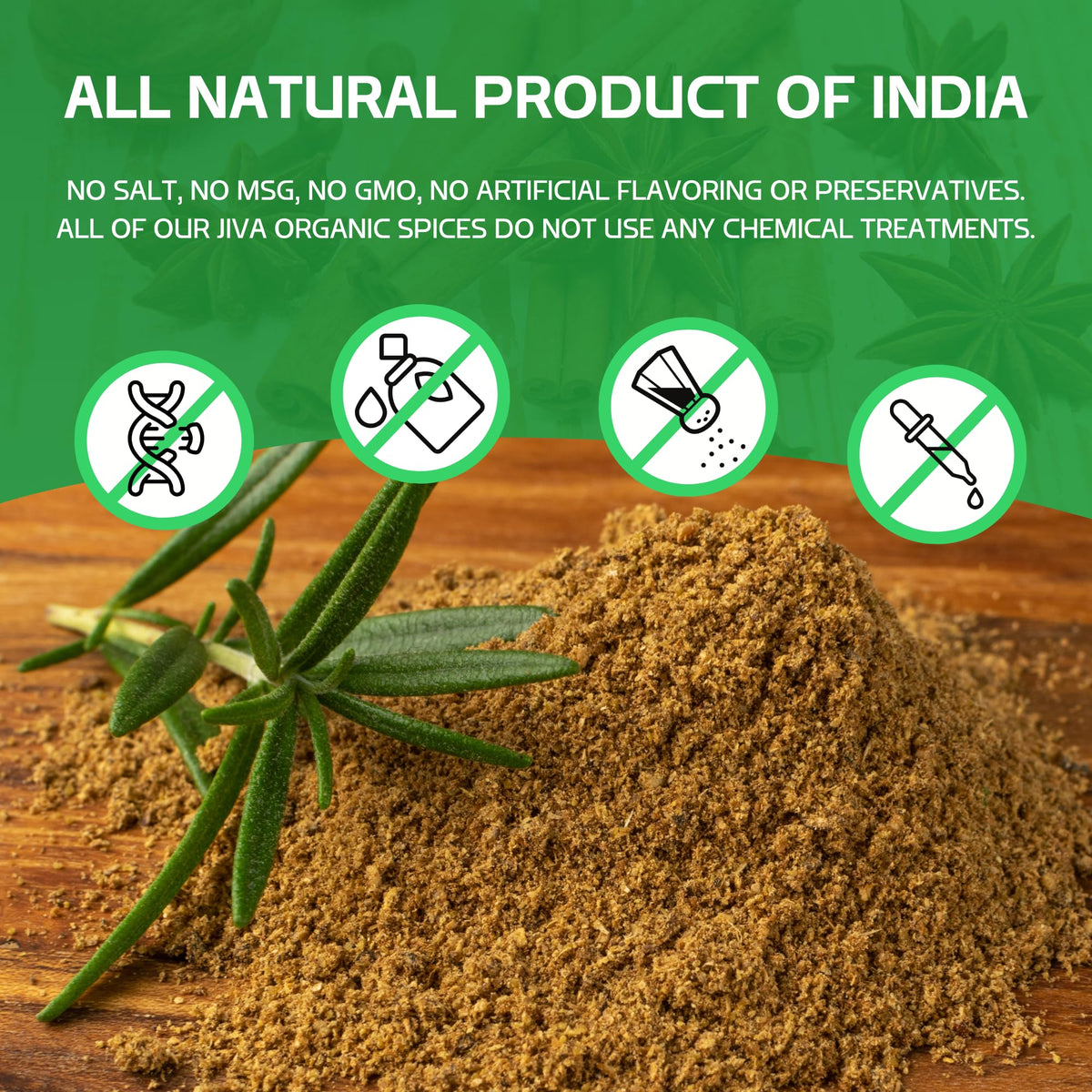 Jiva Organics Garam Masala nutmeg-mace detail adds warm spice notes.