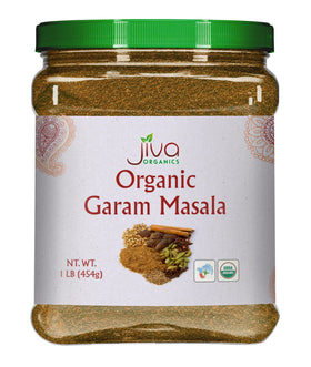 Jiva Organics Garam Masala powder jar enhances curries with aromatic warmth.