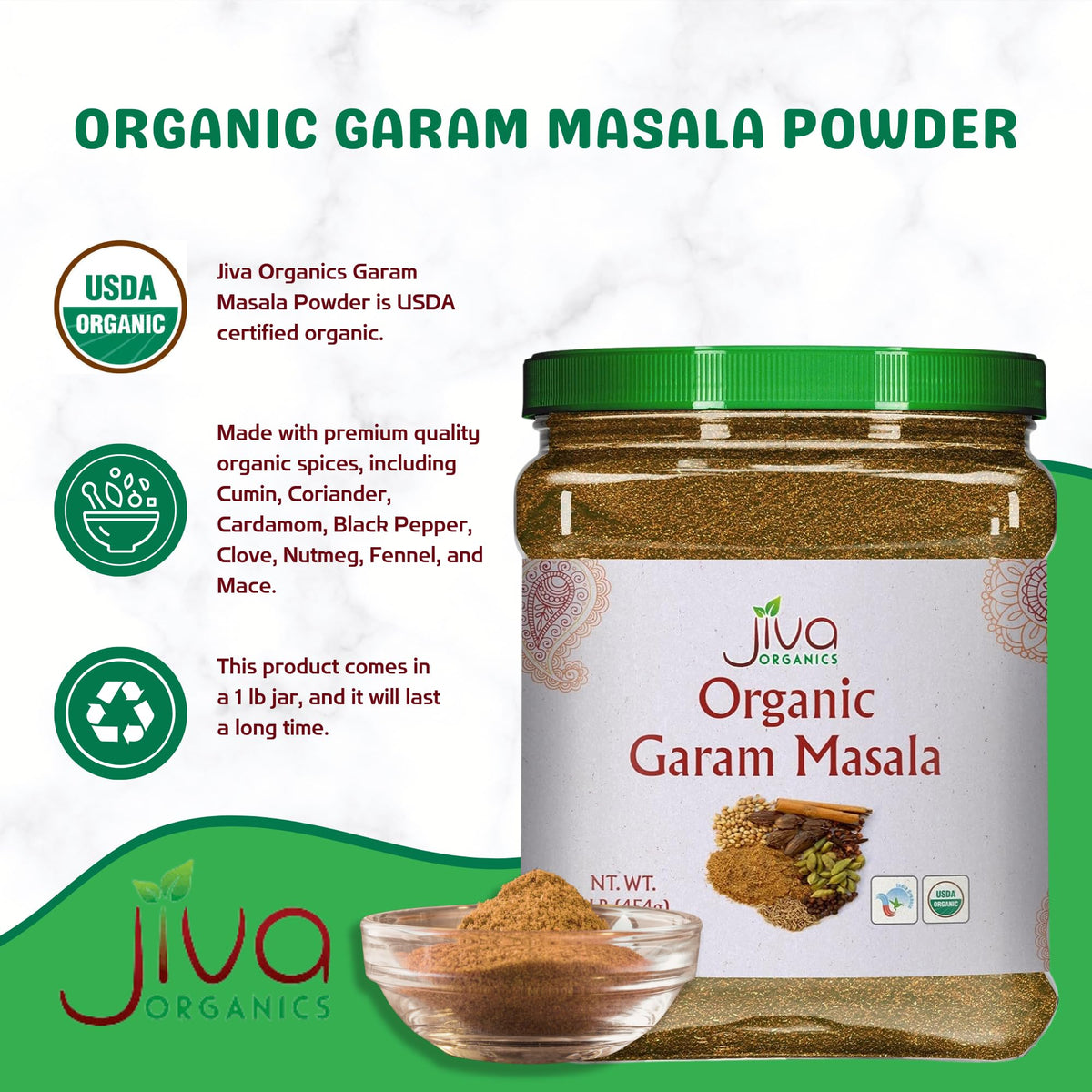 Jiva Organics Garam Masala spice blend close-up highlights authentic spices.