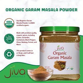 Jiva Organics Garam Masala spice blend close-up highlights authentic spices.