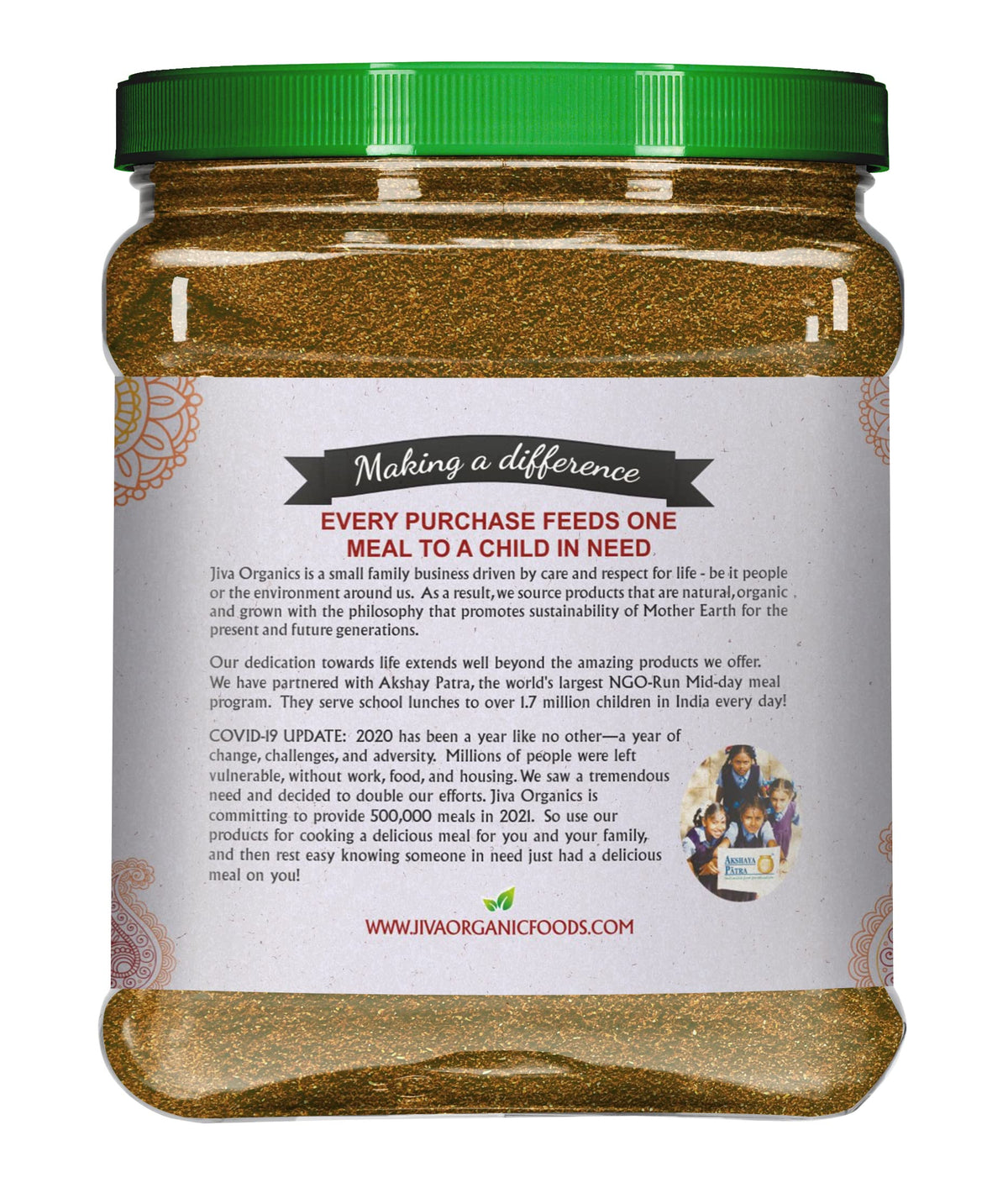 Jiva Organics Garam Masala spice-bulk jar on kitchen shelf.