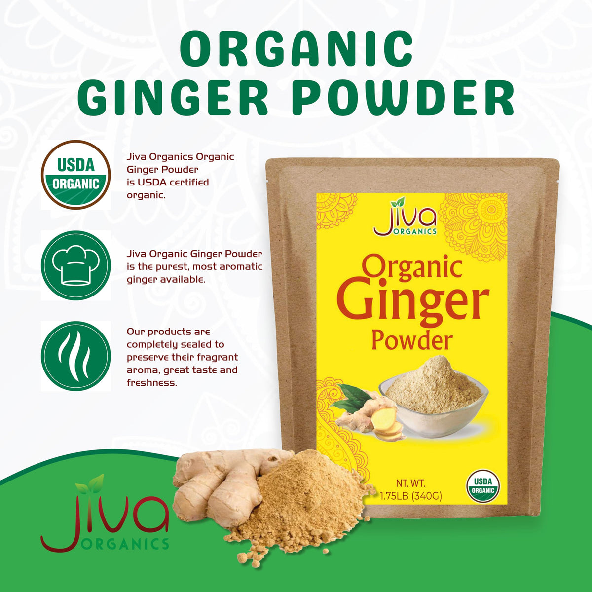 Close-up of Jiva Organics Ginger Powder texture, pure and finely ground.