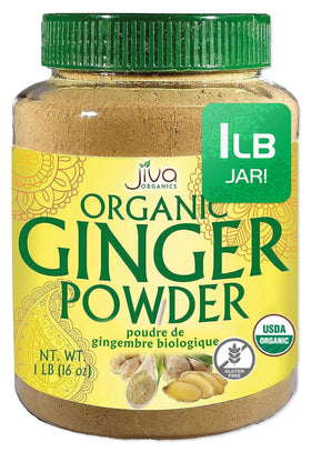 Jiva Organics Ginger Powder jar front, rich aroma for cooking and baking