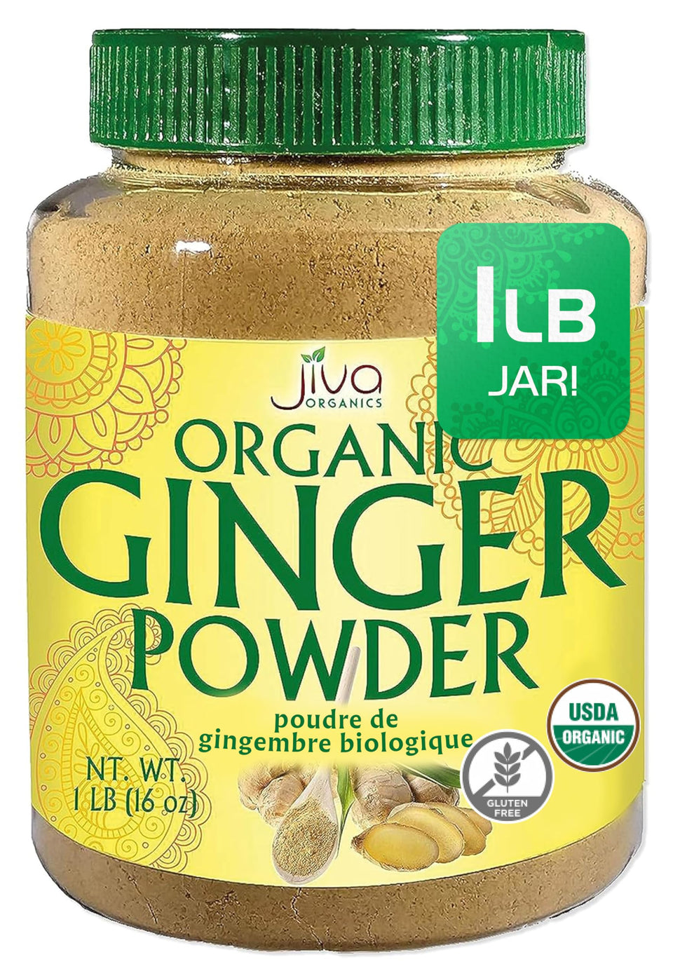 Jiva Organics Ginger Powder jar front, rich aroma for cooking and baking