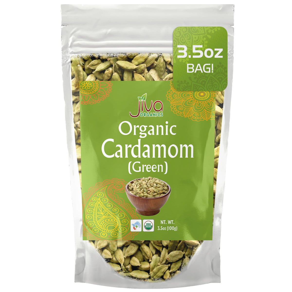 Jiva Organics green cardamom pods in 3.5 oz bag, premium spice for cooking