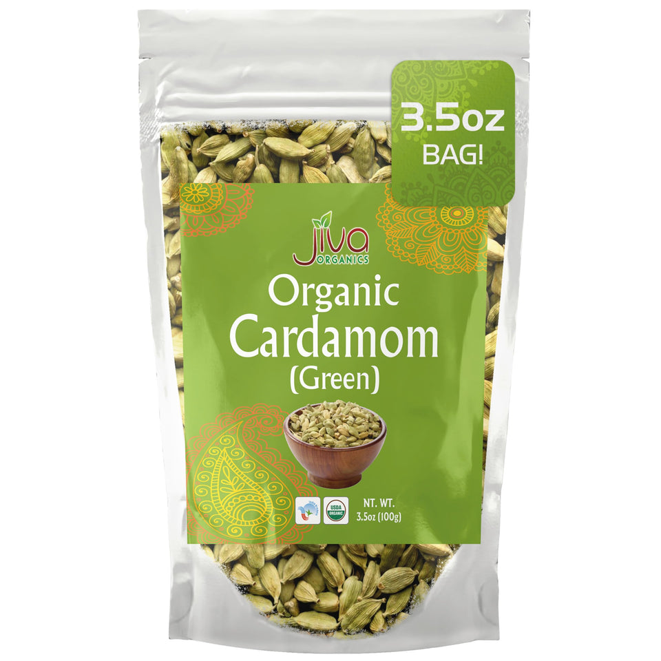 Jiva Organics green cardamom pods in 3.5 oz bag, premium spice for cooking