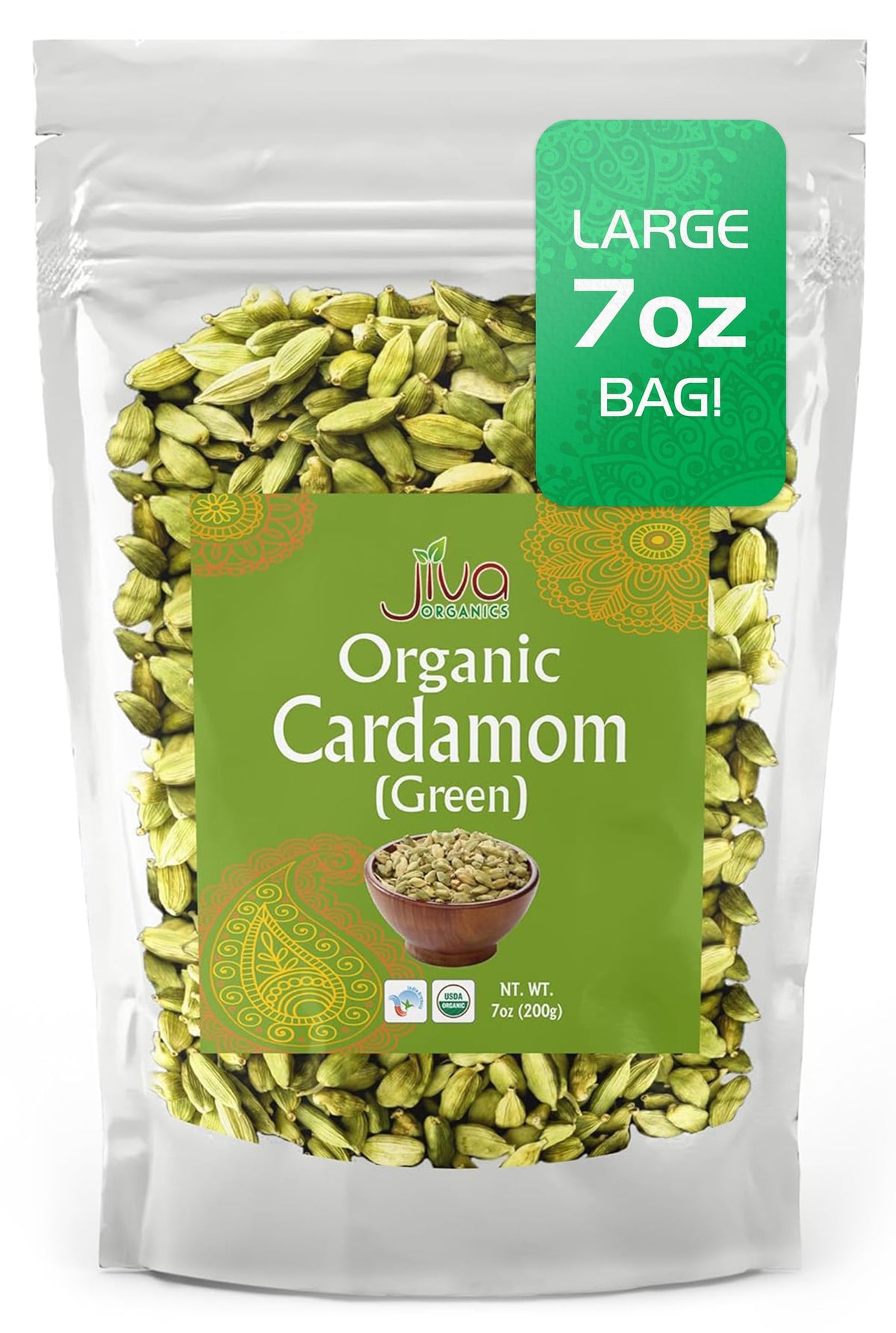 Jiva Organics green cardamom pods in a jar with premium aroma for cooking.