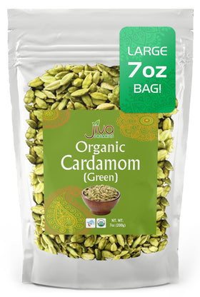 Jiva Organics green cardamom pods in a jar with premium aroma for cooking.