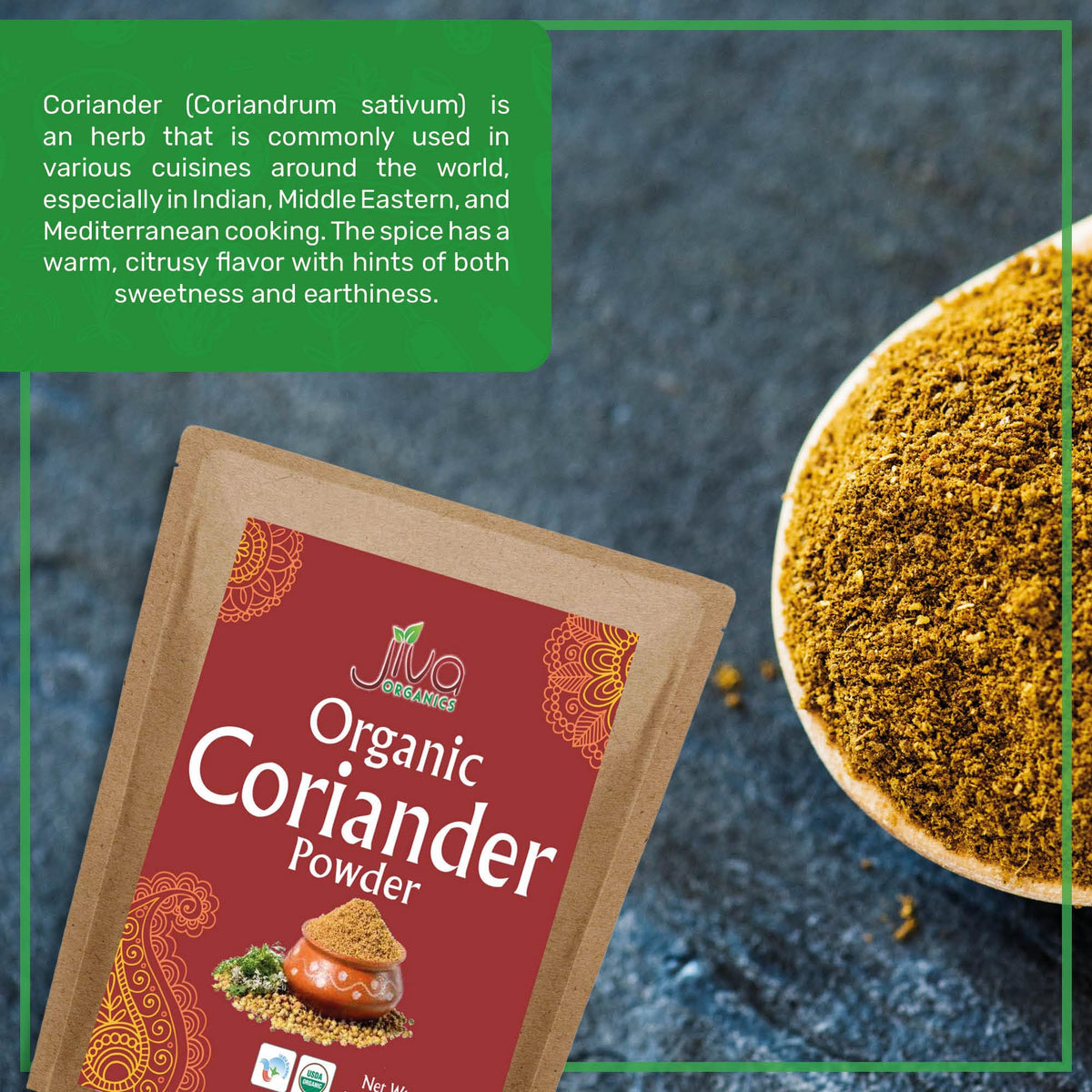 Jiva Organics ground coriander seeds texture highlights natural purity in every pinch