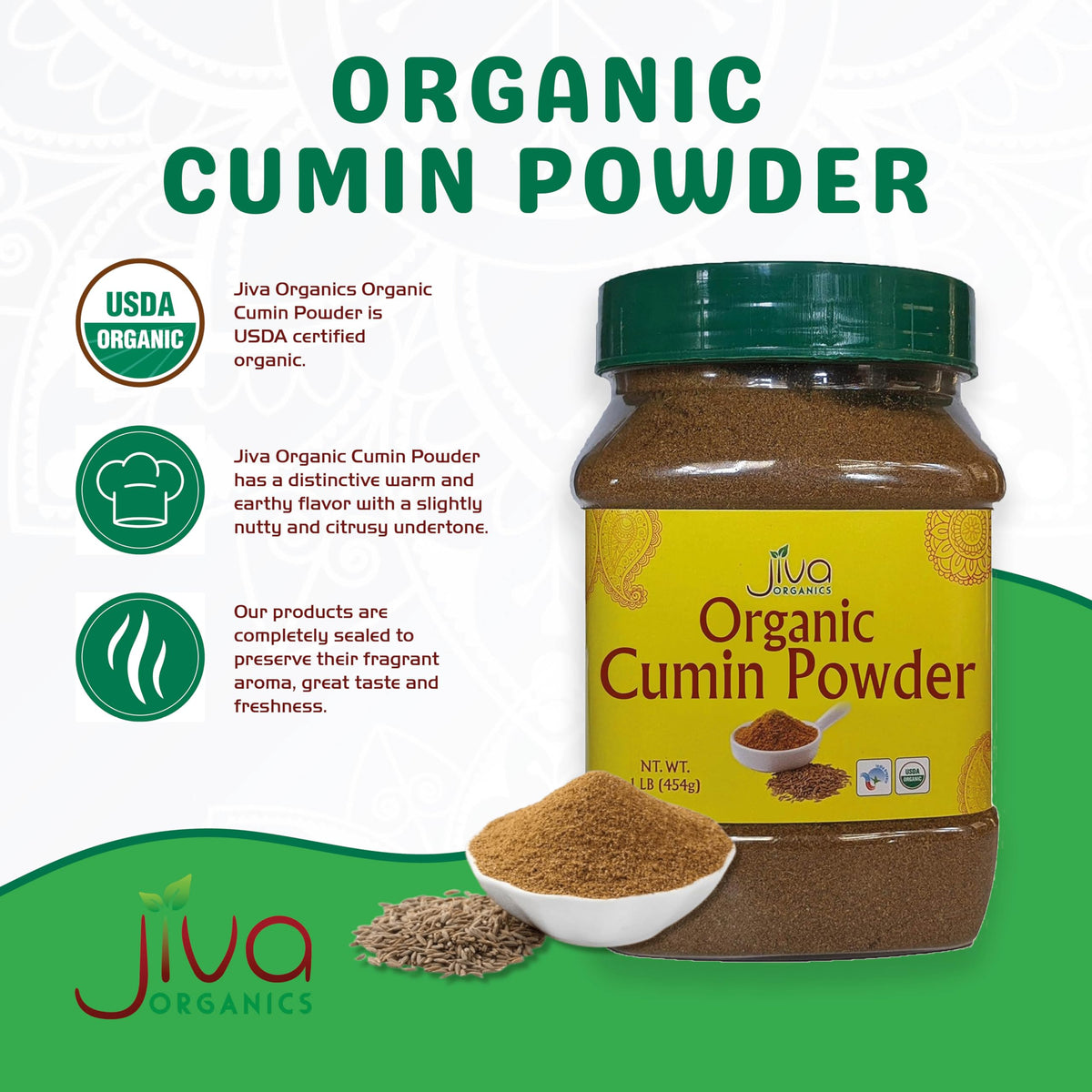 Jiva Organics ground cumin powder jar front indicating 1 lb size for pantry storage