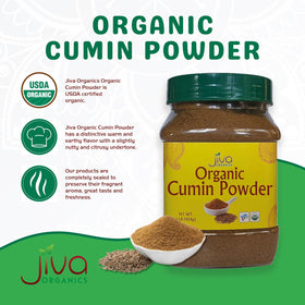 Jiva Organics ground cumin powder jar front indicating 1 lb size for pantry storage