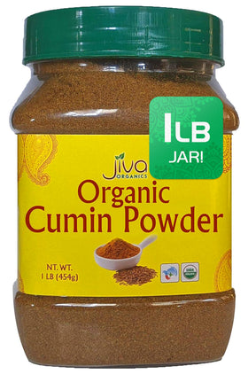 Jiva Organics ground cumin powder label close-up with organic certification for cooking