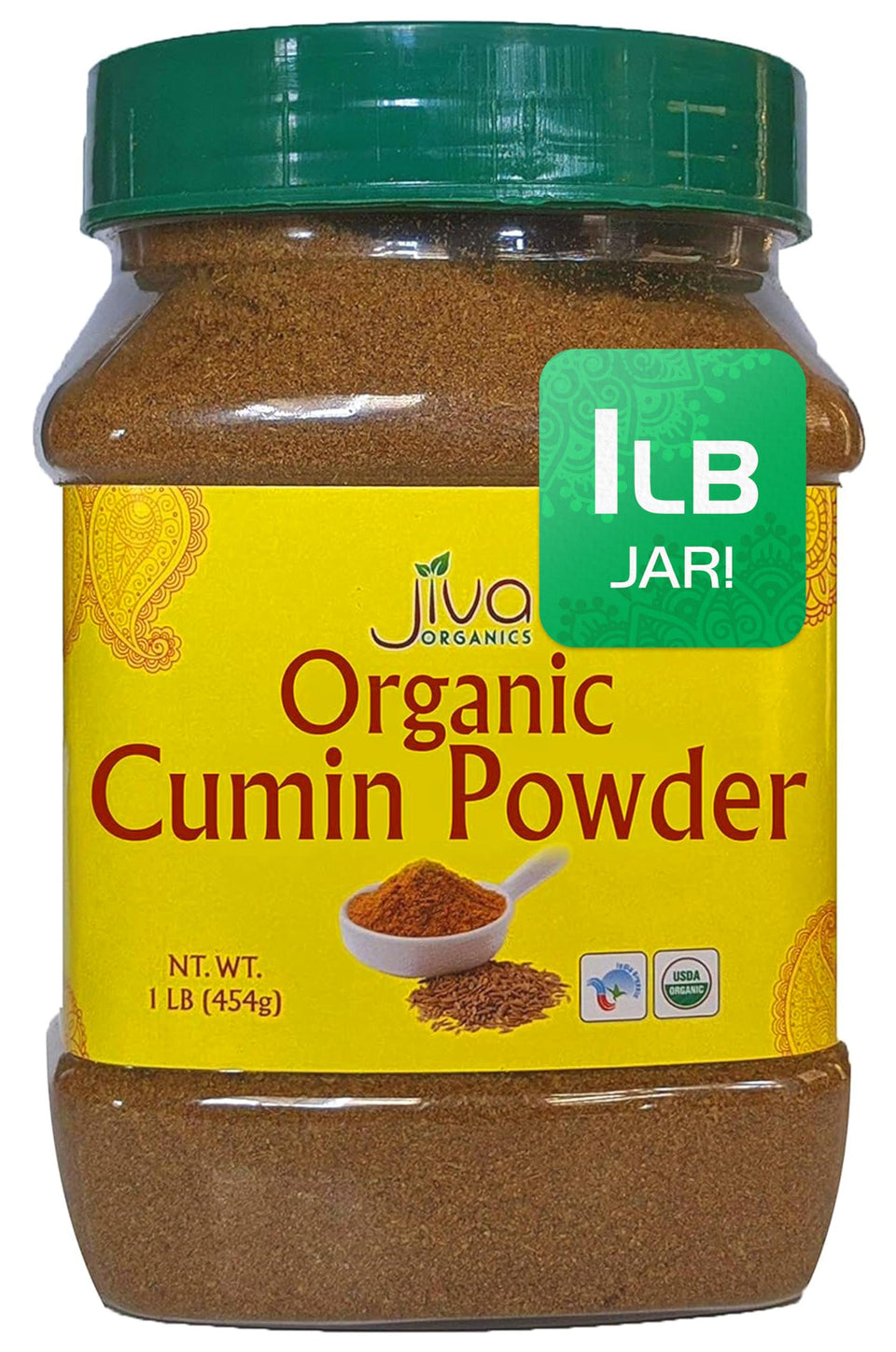 Jiva Organics ground cumin powder label close-up with organic certification for cooking