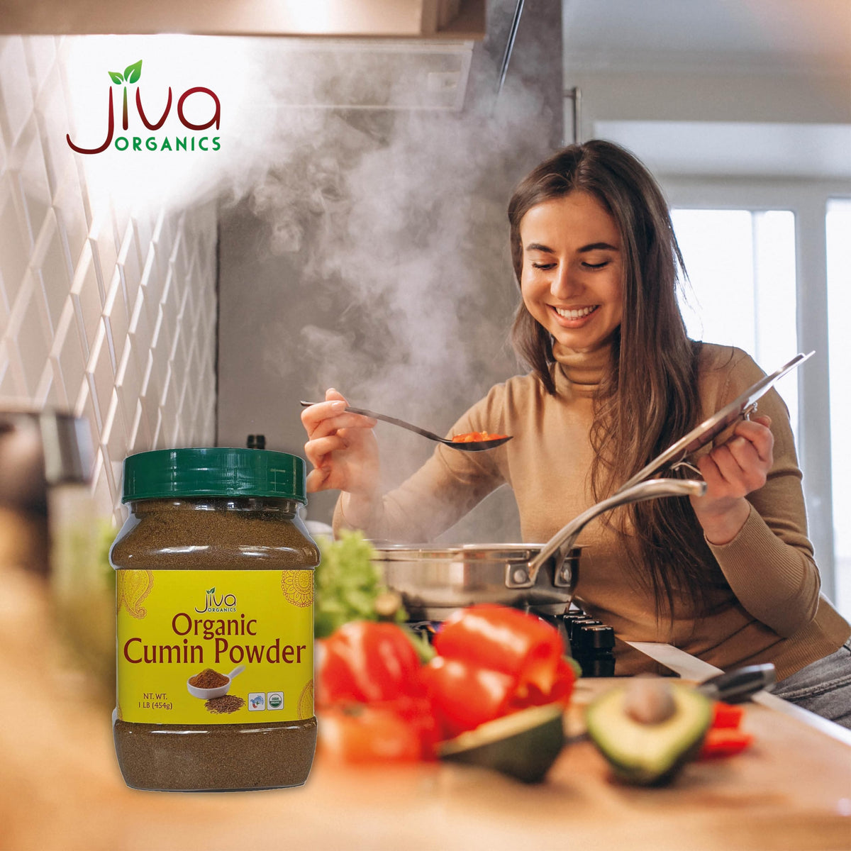 Jiva Organics packaging variation note with spice jar in pantry