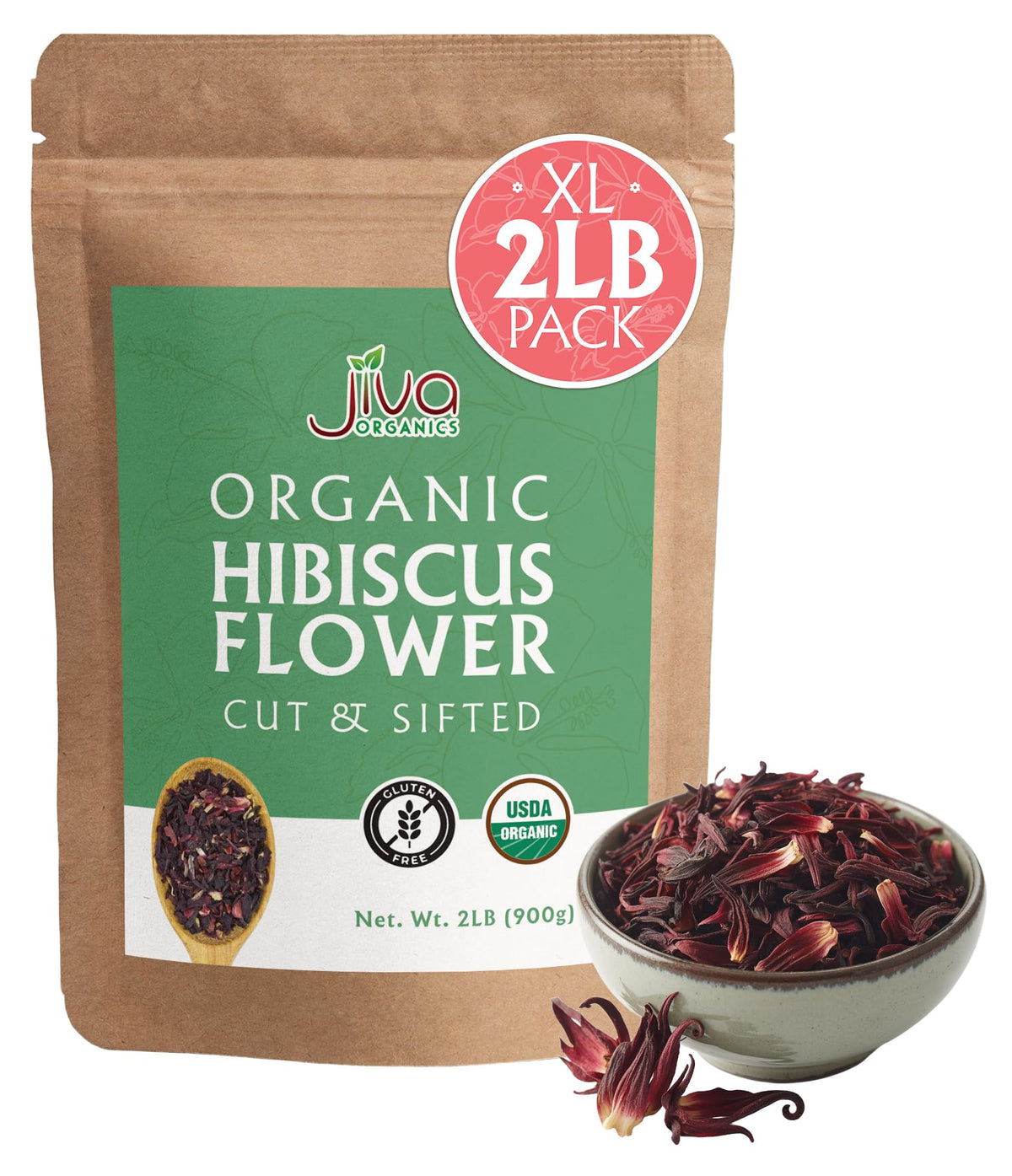Jiva Organics hibiscus flowers in a 2 lb bulk bag for everyday tea blends.