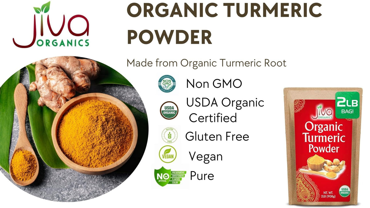Jiva Organics turmeric powder highlighting high curcumin content.