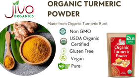 Jiva Organics turmeric powder highlighting high curcumin content.