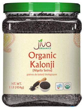 Jiva Organics Kalonji seeds jar showing whole seeds for seasoning