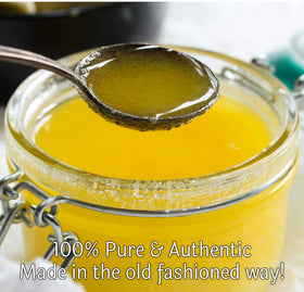 Jiva Organics mantra-infused ghee pot capturing traditional aromas for cooking.