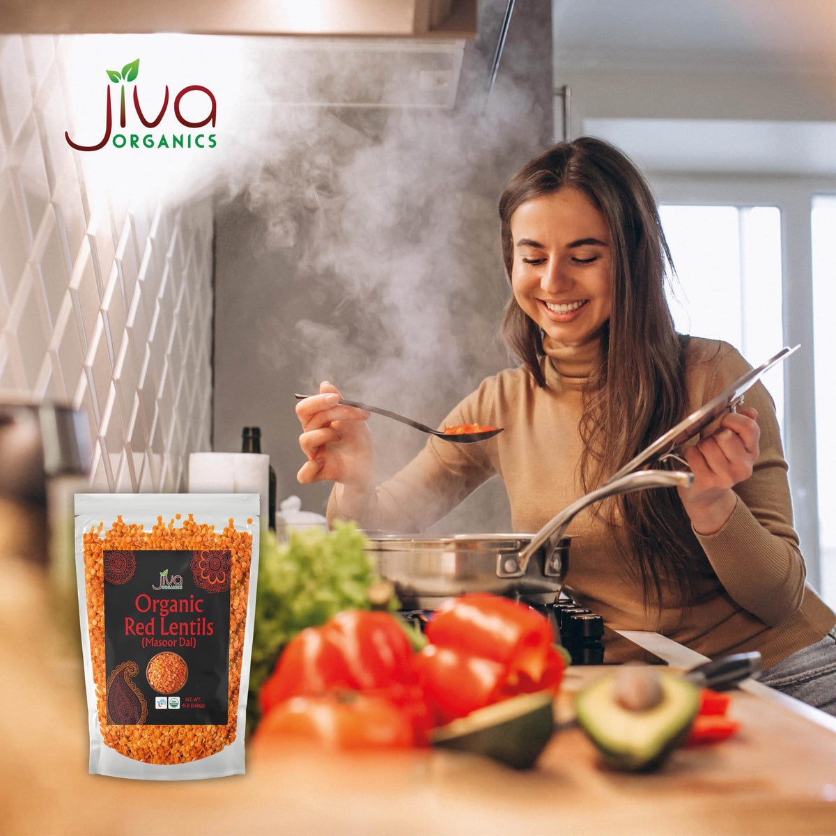 Jiva Organics Masoor Dal bulk bag label emphasizes non-GMO and organic farming.