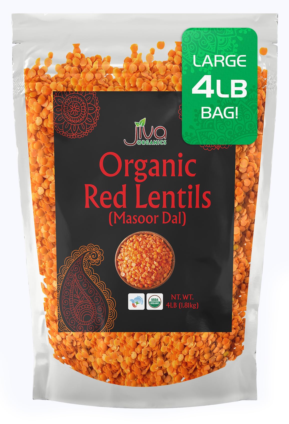 Jiva Organics Masoor Dal bag front view shows organic certification and bulk 4 lb size.