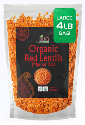 Jiva Organics Masoor Dal bag front view shows organic certification and bulk 4 lb size.