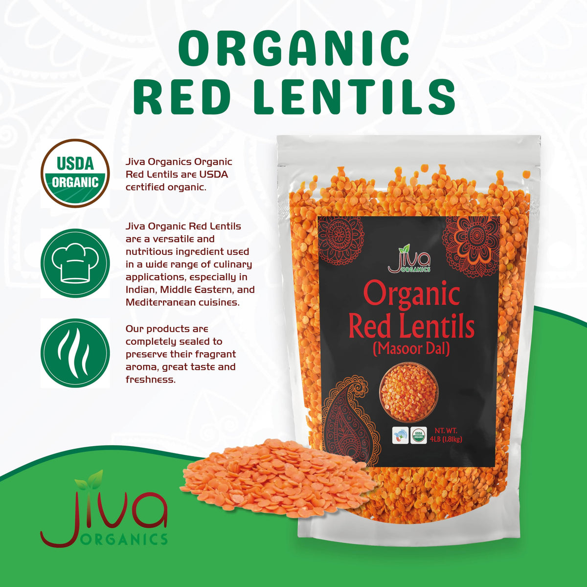 Jiva Organics Masoor Dal lentils close-up highlights smooth red split lentils for quick cooking.