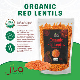 Jiva Organics Masoor Dal lentils close-up highlights smooth red split lentils for quick cooking.