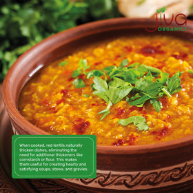 Jiva Organics Masoor Dal plated dal with spices and herbs for serving ideas.
