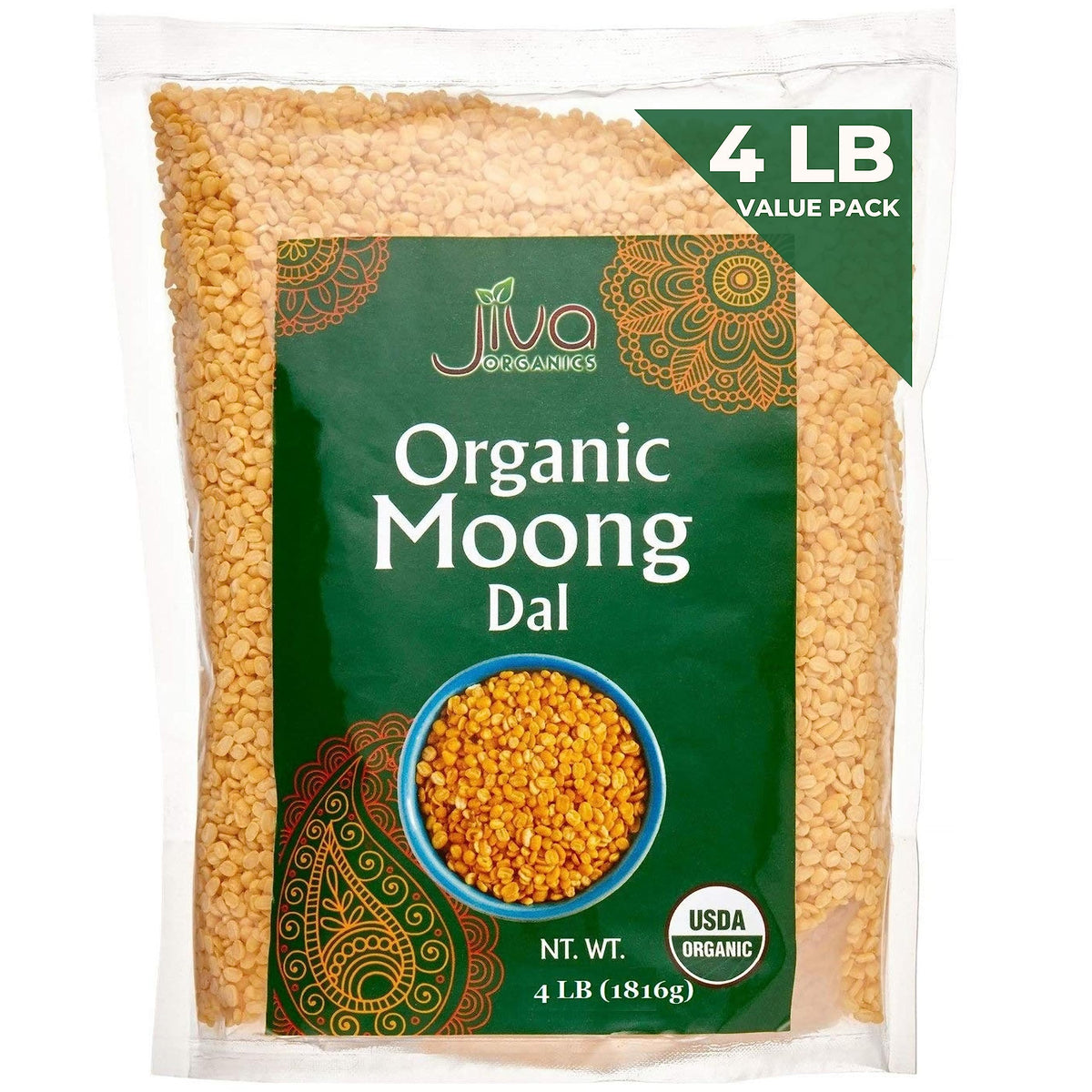 Jiva Organics moong dal yellow in packaging, ideal pantry staple for everyday cooking