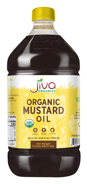 Jiva Organics mustard oil bottle pouring, ideal for cooking and skin care.