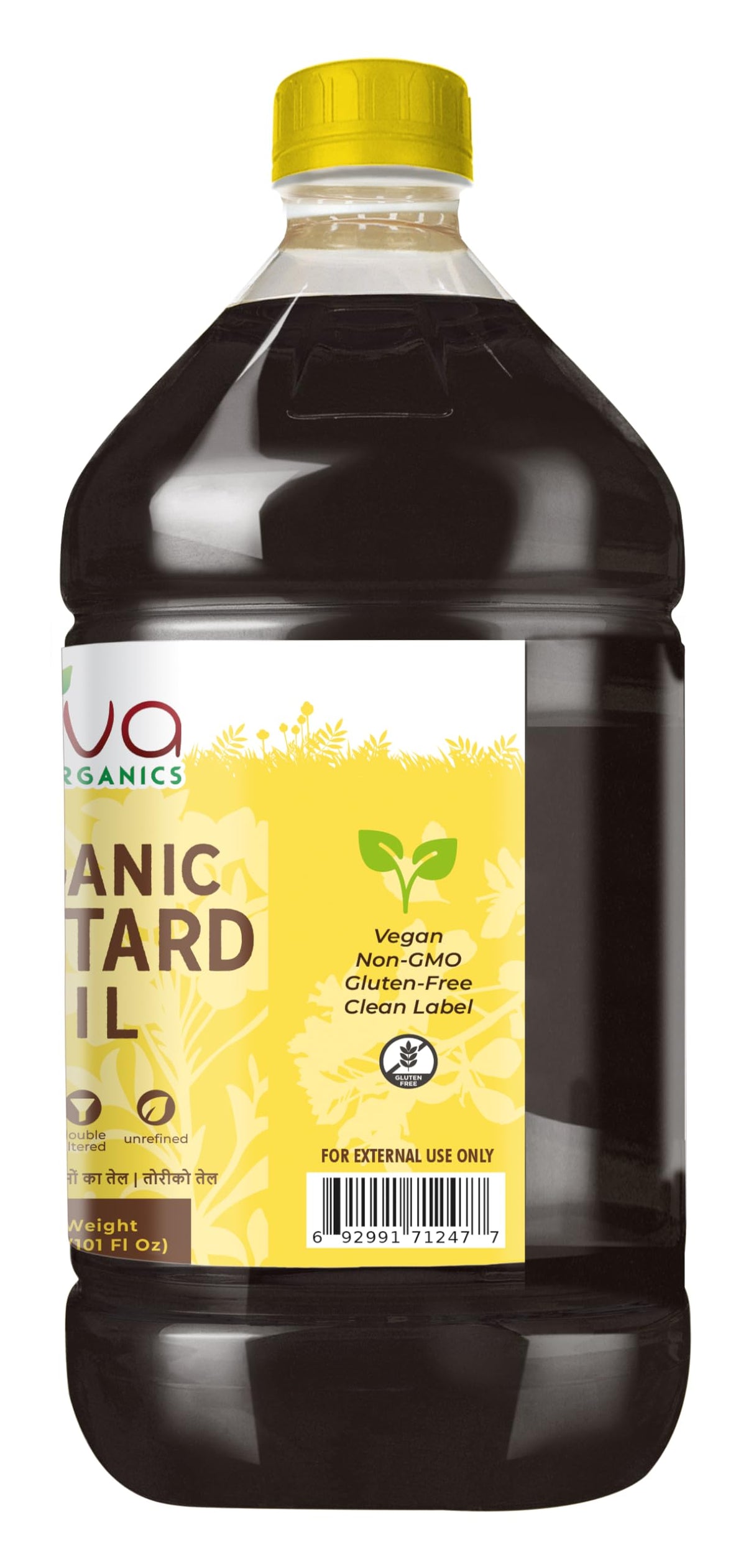 Jiva Organics mustard oil on kitchen shelf, ready for massage or cuisine.