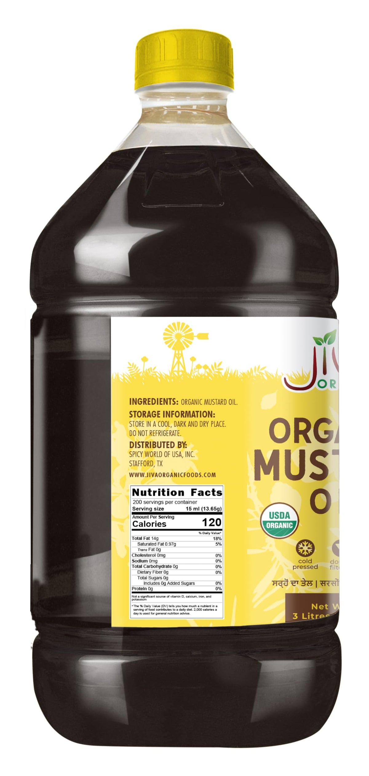 Jiva Organics mustard oil label close-up highlighting cold-pressed purity for cooking.