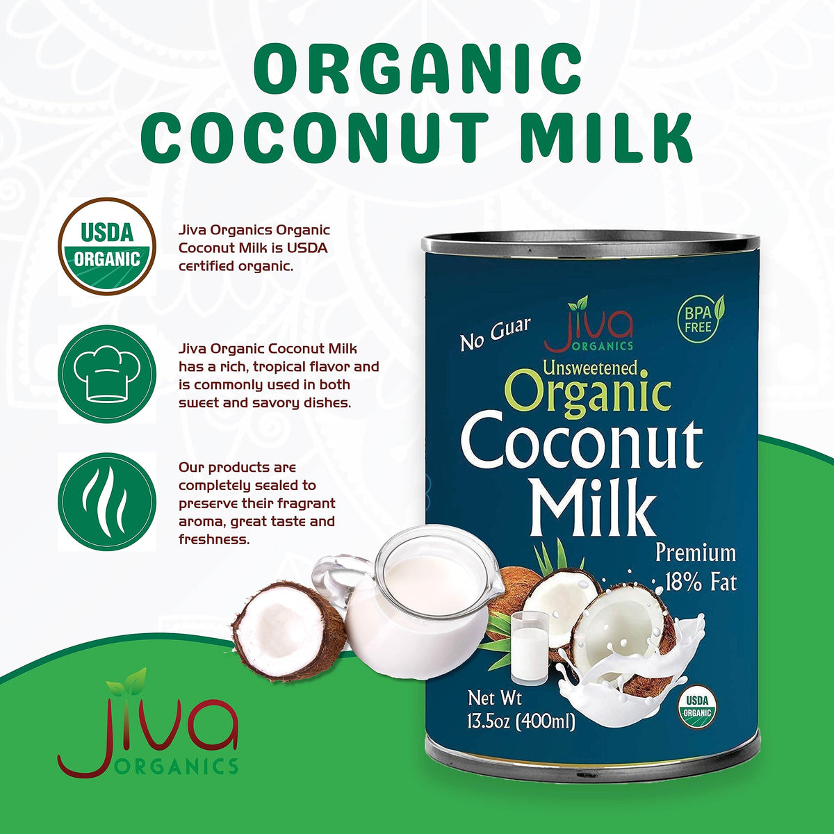 Jiva Organics coconut milk pour shot emphasizes creamy texture for curries and smoothies