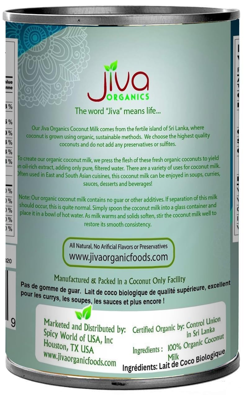 Jiva Organics unsweetened coconut milk label highlights 18% fat for rich texture