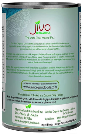 Jiva Organics unsweetened coconut milk label highlights 18% fat for rich texture