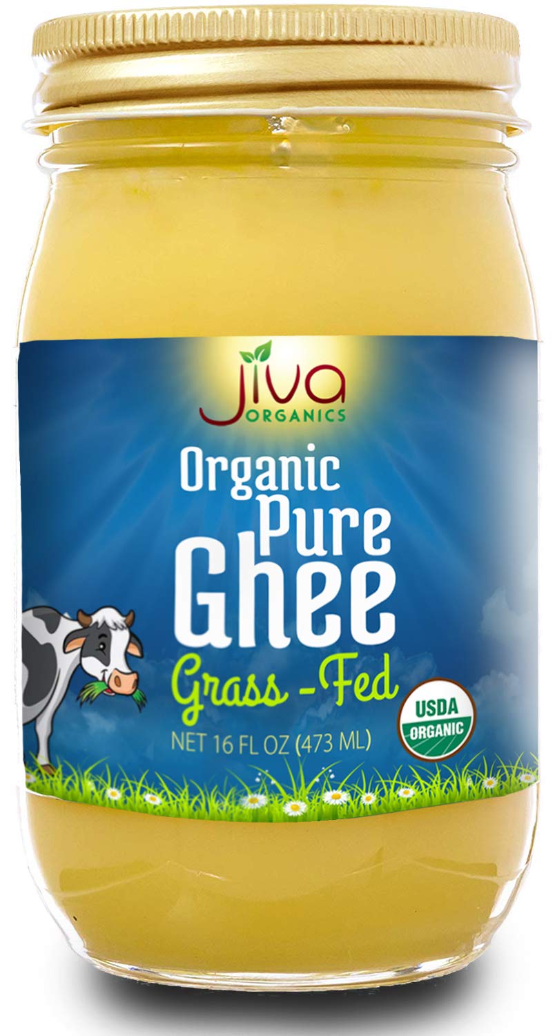 Jiva Organics Organic Grass-Fed Ghee bottle ready for sautéing and spreading.