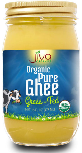 Jiva Organics Organic Grass-Fed Ghee bottle ready for sautéing and spreading.