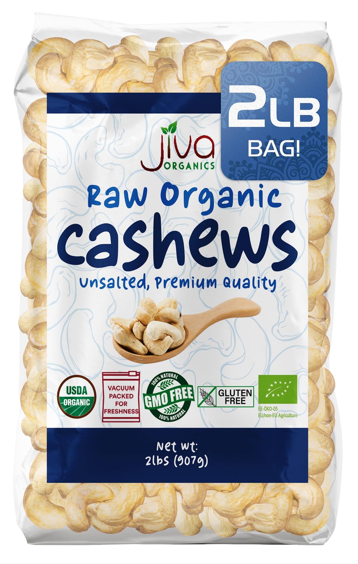 Jiva Organics organic raw cashews 2lb bag ready for pantry use and snacking