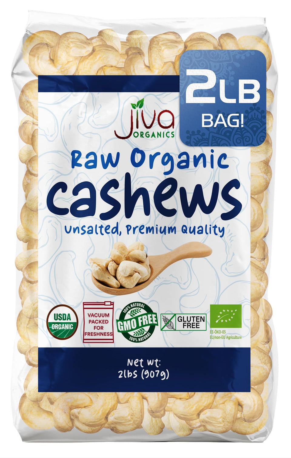 Jiva Organics organic raw cashews 2lb bag ready for pantry use and snacking
