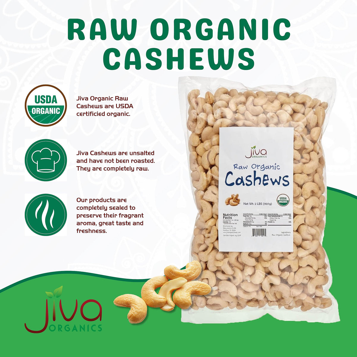 Front view of Jiva Organics raw cashews bag for pantry storage