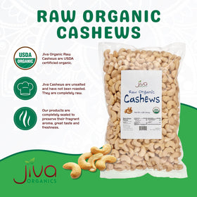 Front view of Jiva Organics raw cashews bag for pantry storage