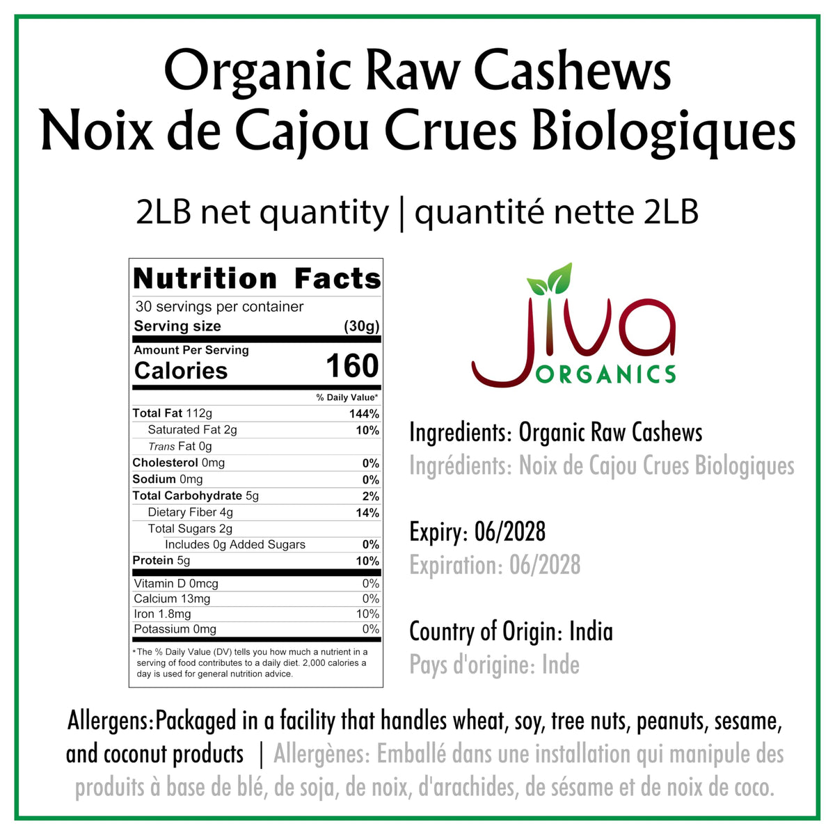 Closeup of Jiva Organics raw cashews highlighting smooth kernels