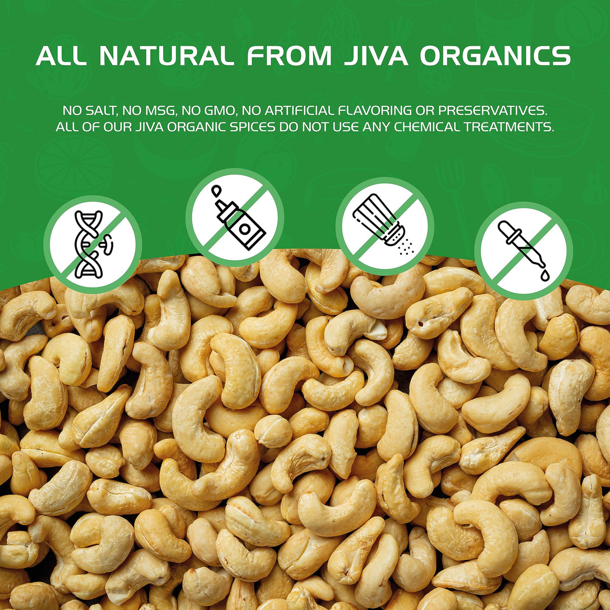 Shelf-stable Jiva Organics organic raw cashews on a kitchen shelf